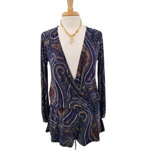 Vintage Havana Womens Deep V-Neck Romper Size S Paisley Print Long Sleeve Shorts